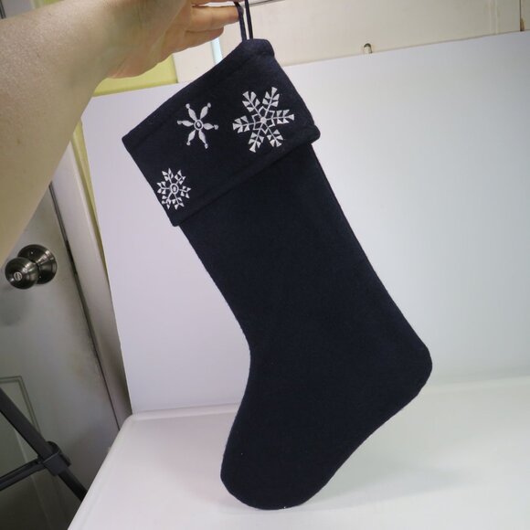 Navy 85% Wool Felt Snowflake Embroidered Stocking 20" Satin Lined - Picture 5 of 10